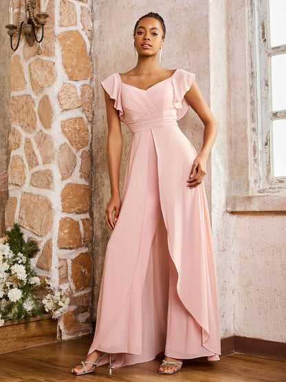 Elegant Chiffon Jumpsuit with Flowing Skirt Overlay Dusty Rose