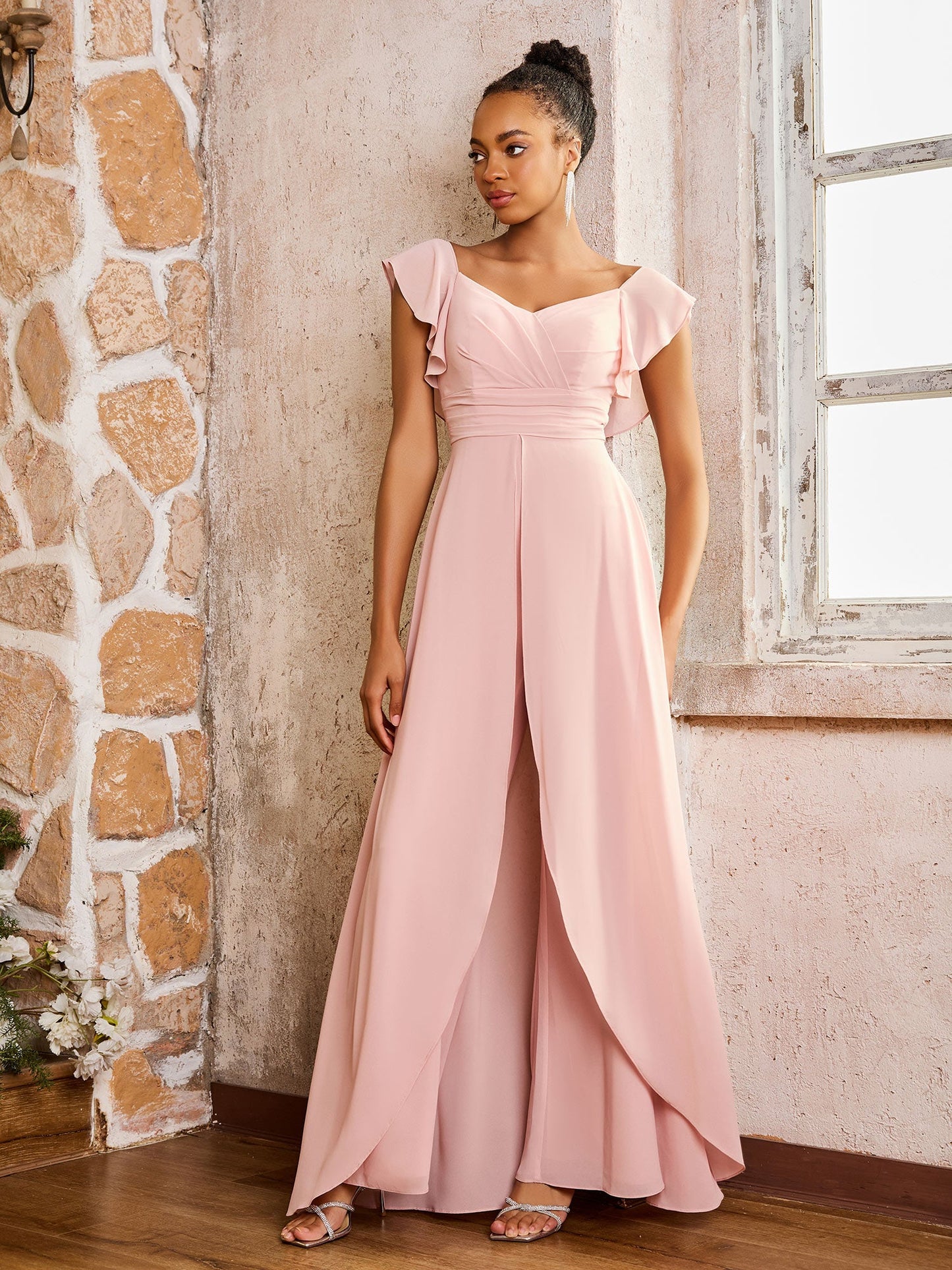 Elegant Chiffon Jumpsuit with Flowing Skirt Overlay Dusty Rose