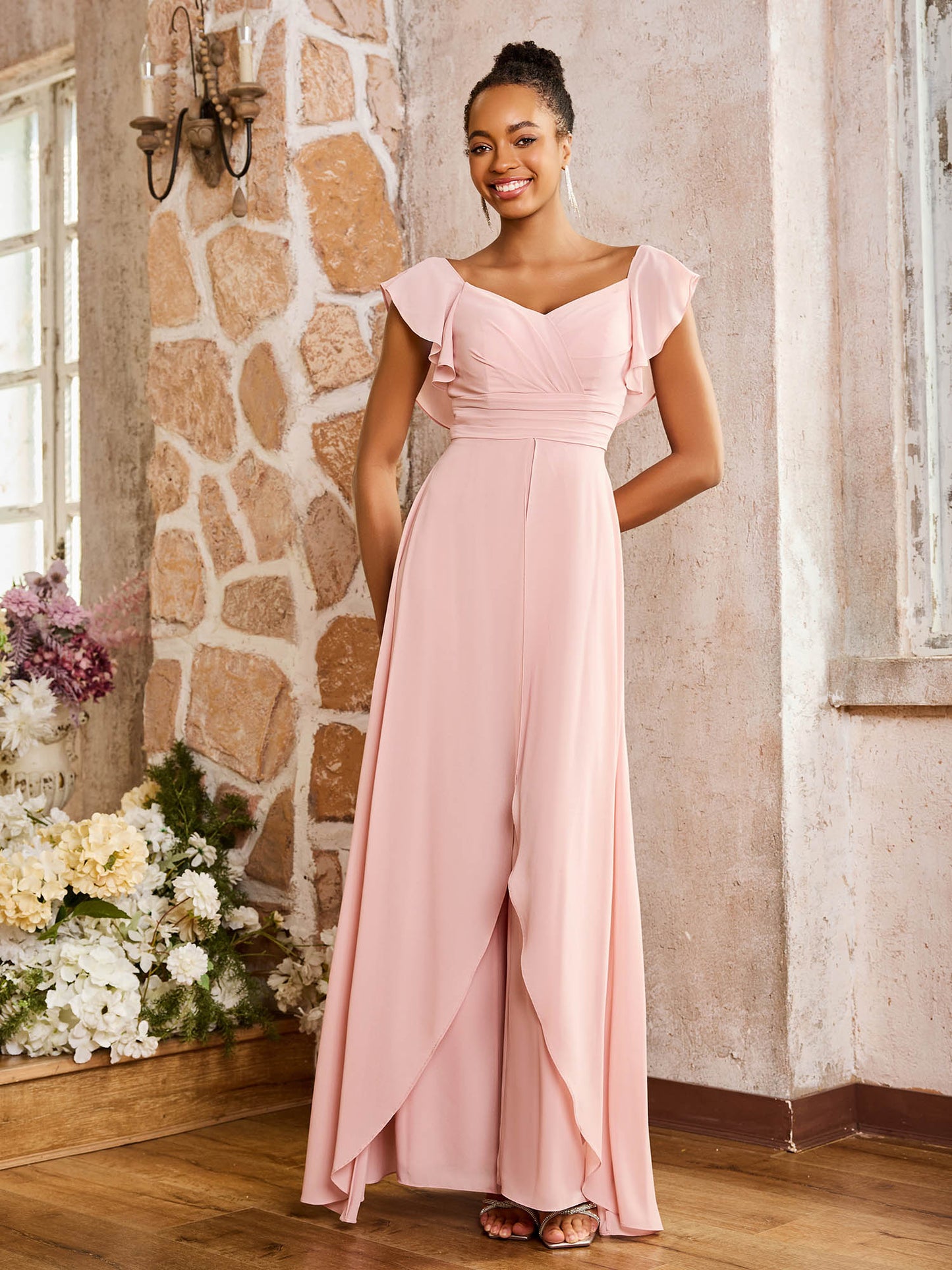 Elegant Chiffon Jumpsuit with Flowing Skirt Overlay Dusty Rose