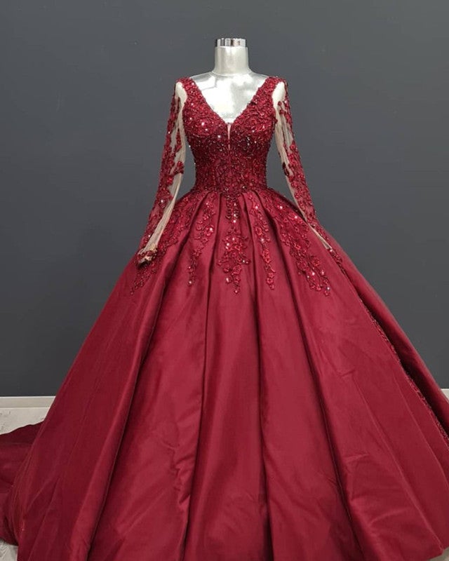 Ball Gown Long Sleeves Lace Appliques Satin V Neck Dresses