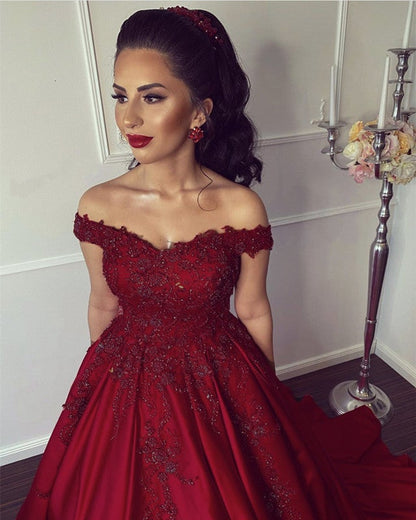 Ball Gown Off Shoulder Satin Dress Appliques Beaded