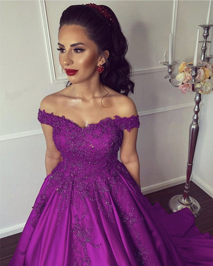 Ball Gown Off Shoulder Satin Dress Appliques Beaded