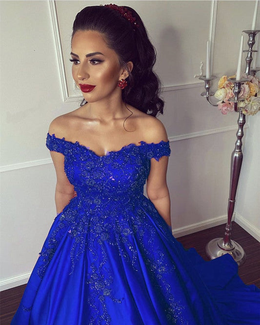 Ball Gown Off Shoulder Satin Dress Appliques Beaded