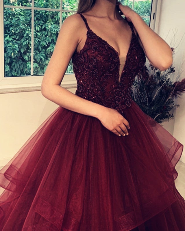 Ball Gown Organza Ruffles V Neck Embroidery Beaded Dresses