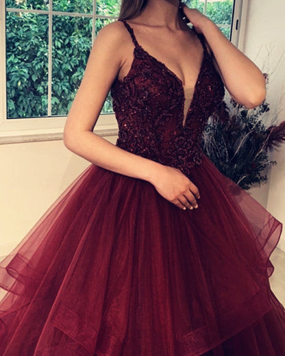 Ball Gown Organza Ruffles V Neck Embroidery Beaded Dresses