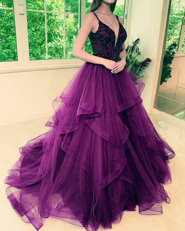 Ball Gown Organza Ruffles V Neck Embroidery Beaded Dresses