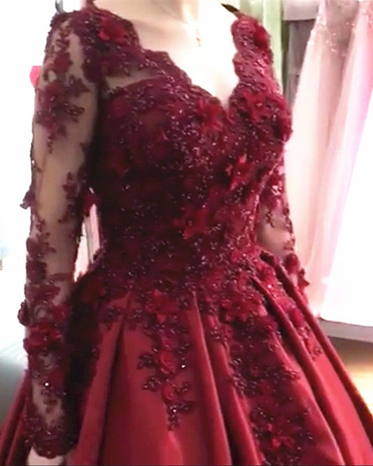 Ball Gown Prom Dresses Long Sleeves Lace Flowers Beaded