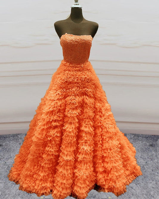 Ball Gown Ruffles Strapless Orange Dresses