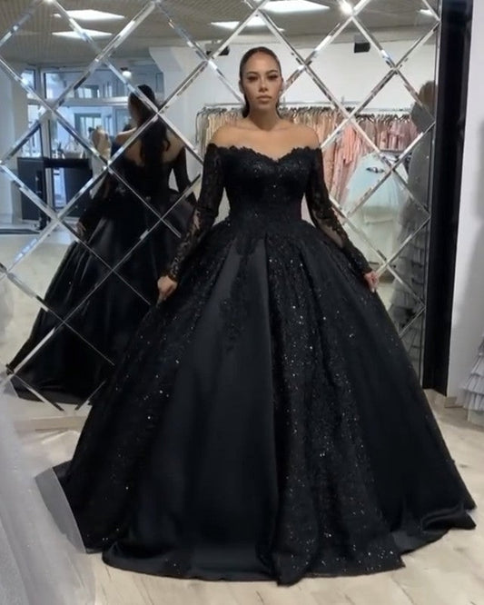 Ball Gown Satin Appliques Dresses Lace Long Sleeves