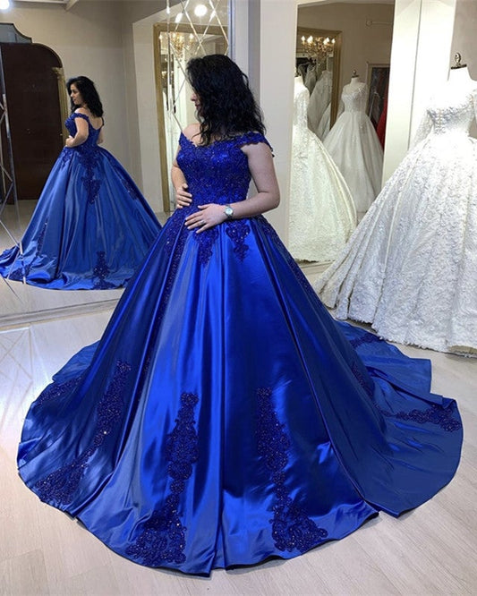 Ball Gown Satin Dresses Off Shoulder Appliques V Neck