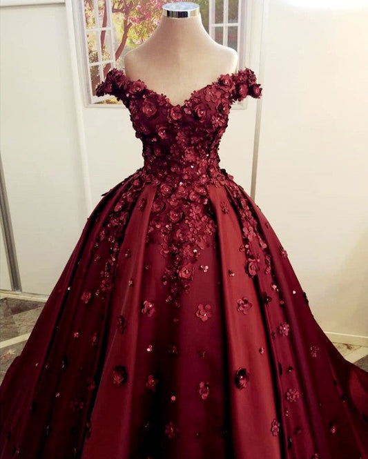 Ball Gown Satin Off The Shoulder Dresses 3D Flowers Beaded