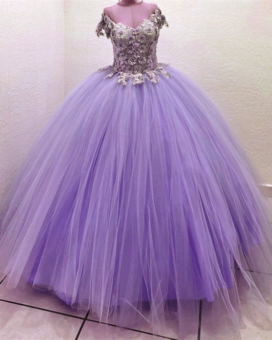 Ball Gown V Neck 3D Flowers Tulle Dresses