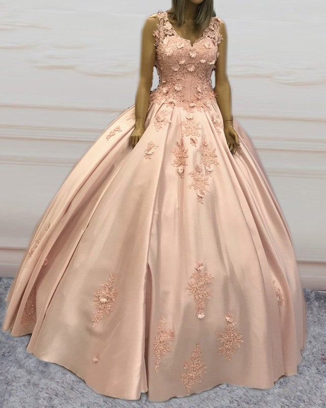 Ball Gown V Neck Satin Quinceanera Dresses With 3D Flowers
