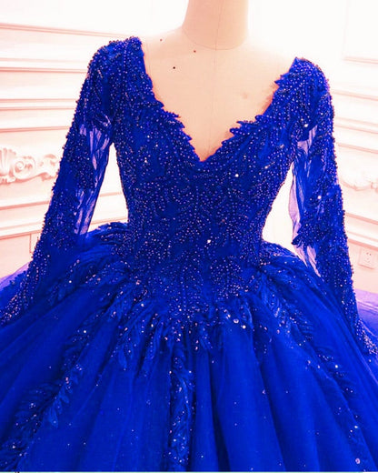 Ball Gown Wedding Dress Long Sleeves Lace Beaded V Neck