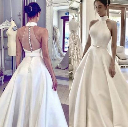 Ball Gowns Floor Length Satin Halter Wedding Dresses