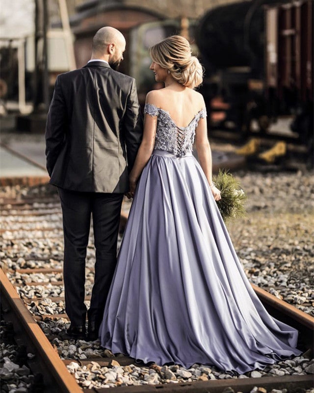 Ball Gowns Lace Embroidery Satin Off Shoulder Wedding Dresses