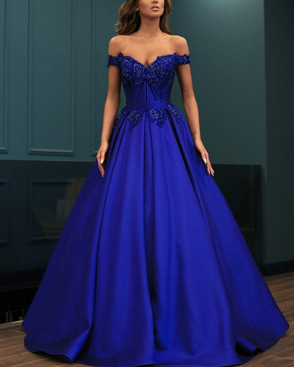 Ball Gowns Prom Dresses Lace Beaded V-neck Off Shoulder