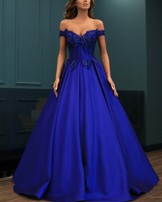 Ball Gowns Prom Dresses Lace Beaded V-neck Off Shoulder
