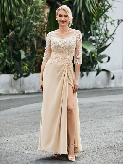 Half Sleeve Floor-length Dress with Slit Champagne