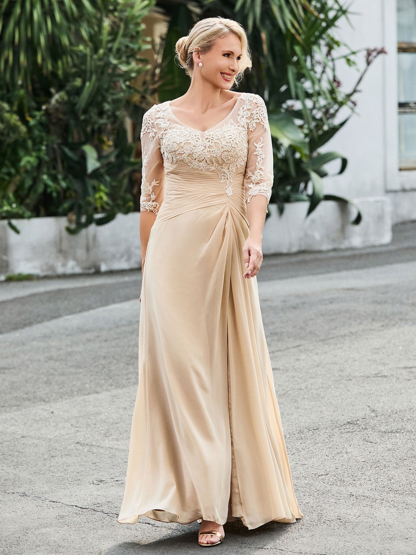 Half Sleeve Floor-length Dress with Slit Champagne