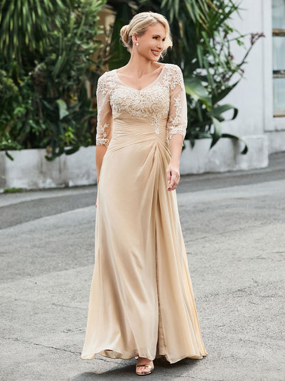 Half Sleeve Floor-length Dress with Slit Champagne