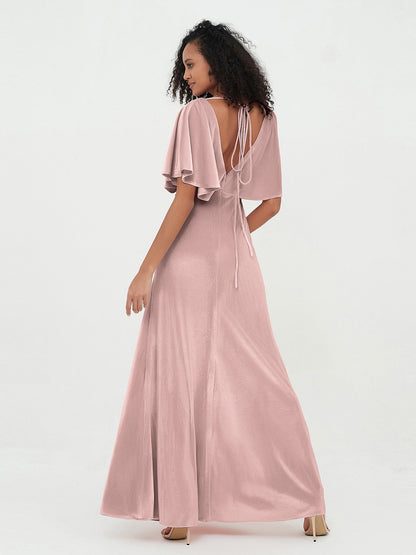 Sheath Velvet Long Dresses with Flutter Sleeves Dusty Rose