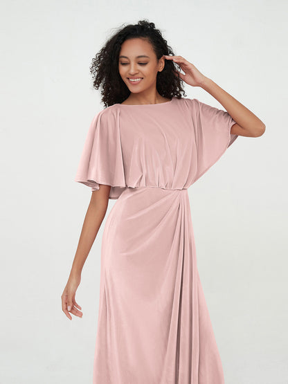 Sheath Velvet Long Dresses with Flutter Sleeves Dusty Rose