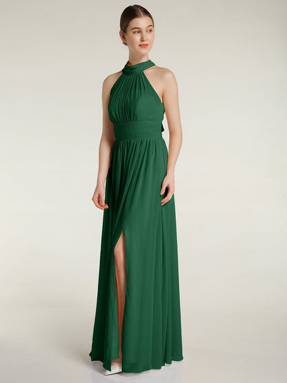 High Neck Full Length Dresses with Slit Dark Green