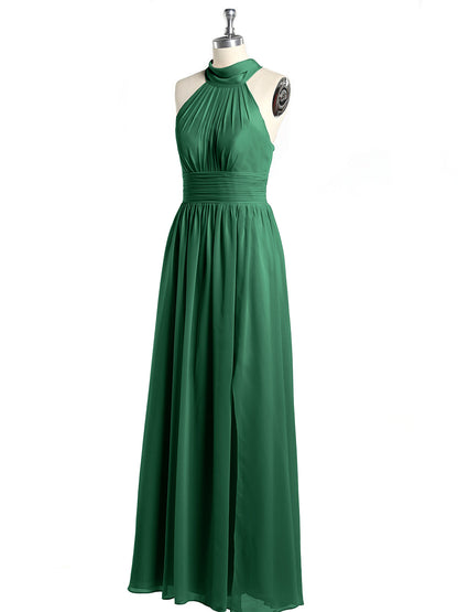 High Neck Full Length Dresses with Slit Dark Green