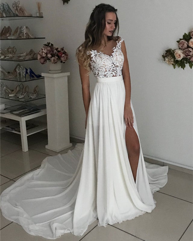 Beach Chiffon Split Lace Appliques Country Wedding Dress