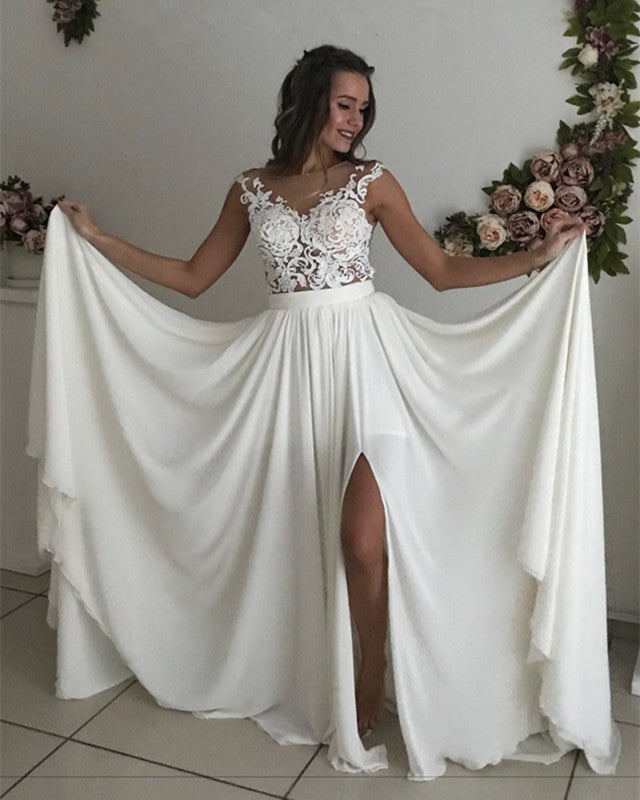 Beach Chiffon Split Lace Appliques Country Wedding Dress