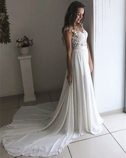 Beach Chiffon Split Lace Appliques Country Wedding Dress