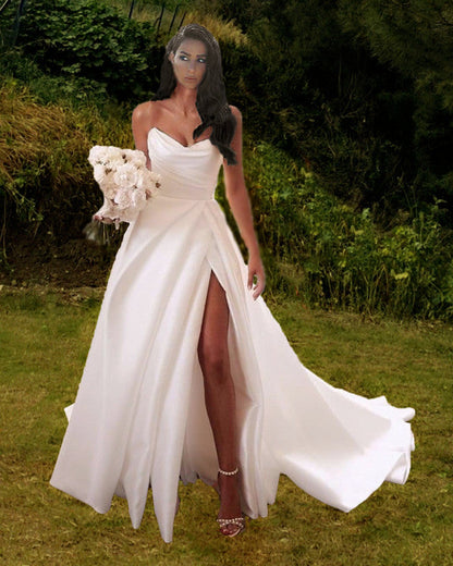 Sexy Beach Wedding Dress Satin Split Strapless