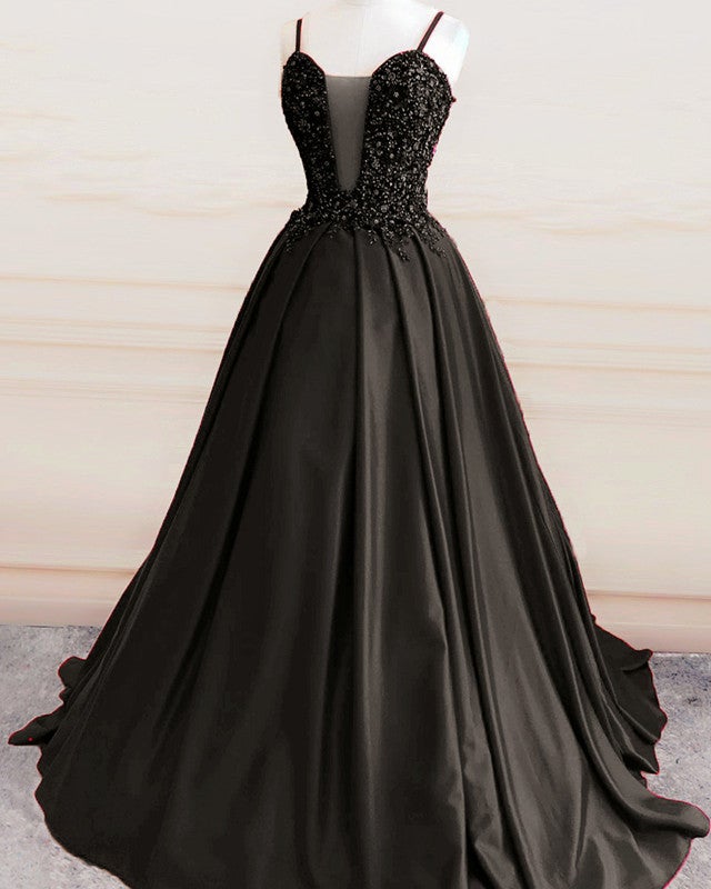 Beaded Corset Ball Gown Satin Dresses Spaghetti Straps