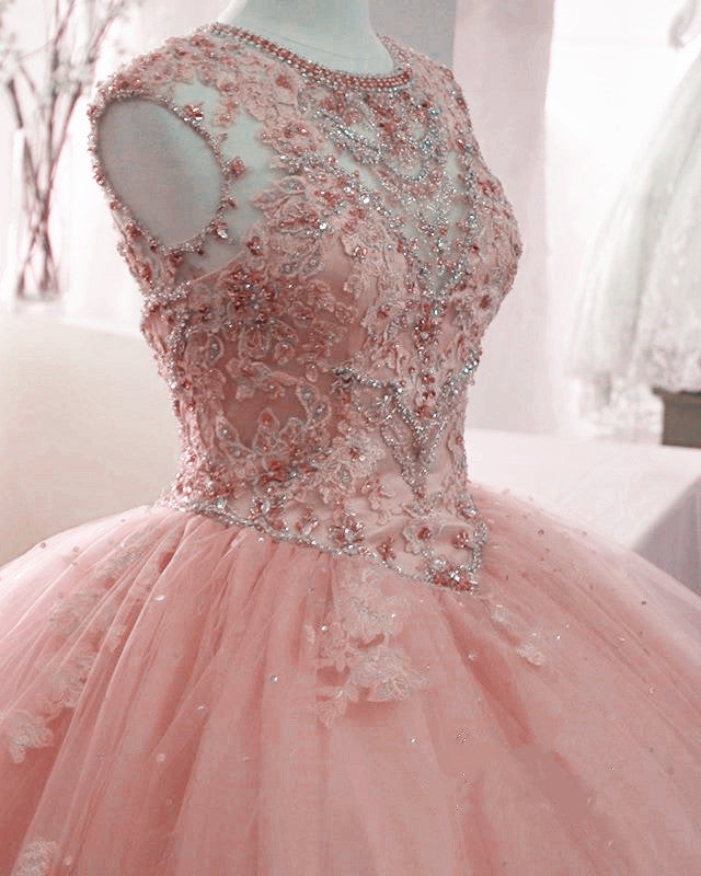 Beaded Lace Scoop Neck Tulle Quinceanera Dress Ball Gown