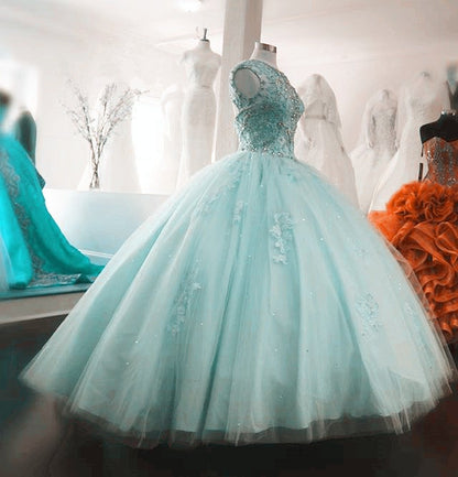 Beaded Lace Scoop Neck Tulle Quinceanera Dress Ball Gown