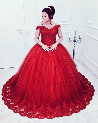 Beaded Lace V-neck Off Shoulder Tulle Ball Gowns Quinceanera Dresses