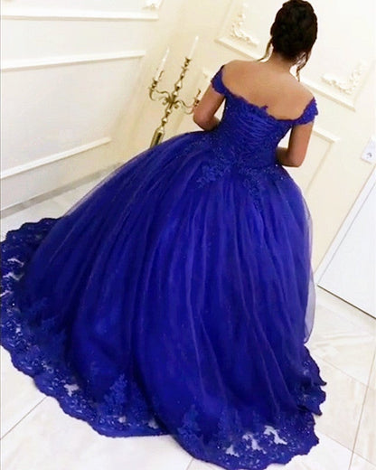 Beaded Lace V-neck Off Shoulder Tulle Ball Gowns Quinceanera Dresses