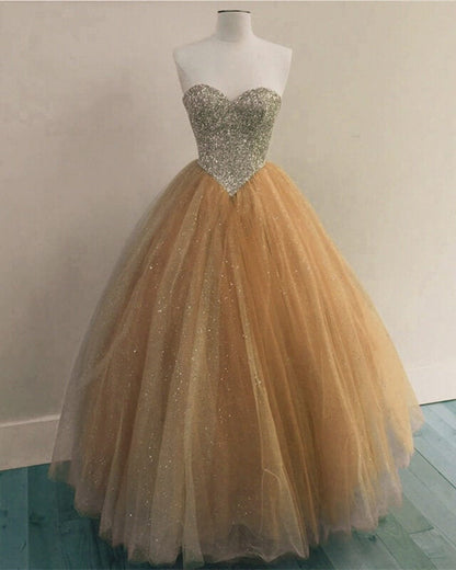 Beaded Sweetheart Champagne Ball Gown Corset Dresses