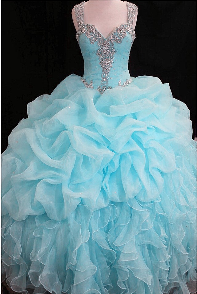 Beaded Sweetheart Organza Layered Ball Gowns Quinceanera Dresses With Straps