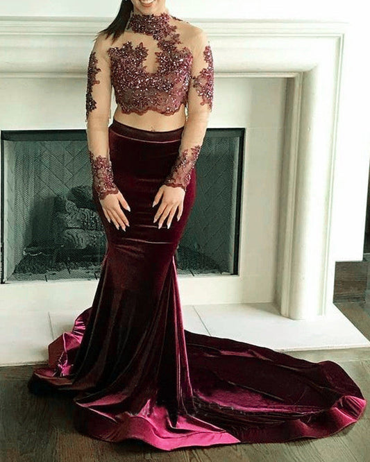 Burgundy Mermaid Velvet Two Piece Prom Dresses Lace Beaded Long Sleeve
