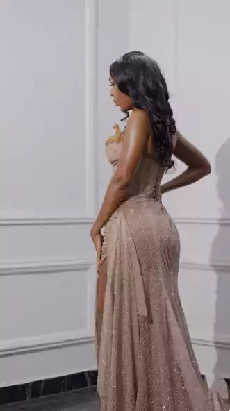 Beaded Neckline Long Sequined Ball Gown Slit Evening Dress Sexy
