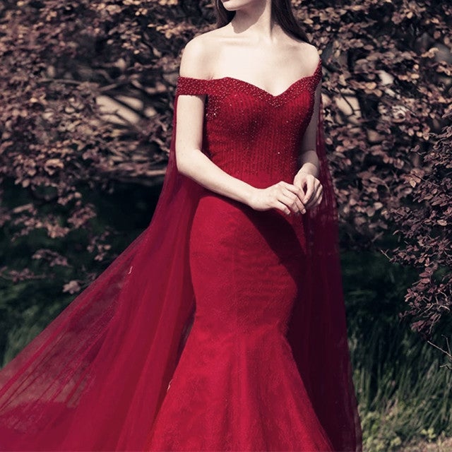 Beading V Neck Off Shoulder Lace Mermaid Evening Dresses Removable Skirt