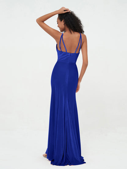 Scoop Neck Velvet Dresses with Sweep Train Royal Blue