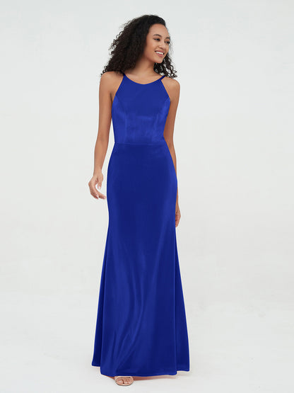 Scoop Neck Velvet Dresses with Sweep Train Royal Blue