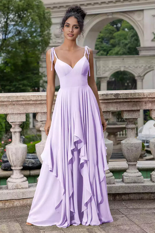 Beautiful A-line silhouette chiffon V-neck thin shoulder strap and sleeveless ruffle edge zipper closure Bridesmaid Dresses