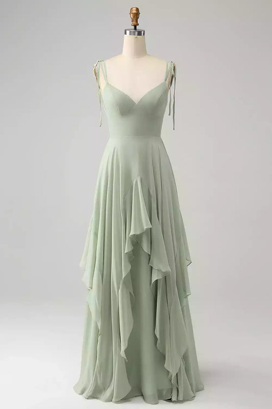 Beautiful A-line silhouette with thin shoulder straps, chiffon ruffles, V-neck and floor Bridesmaid Dresses