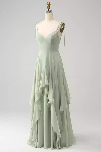 Beautiful A-line silhouette with thin shoulder straps, chiffon ruffles, V-neck and floor Bridesmaid Dresses
