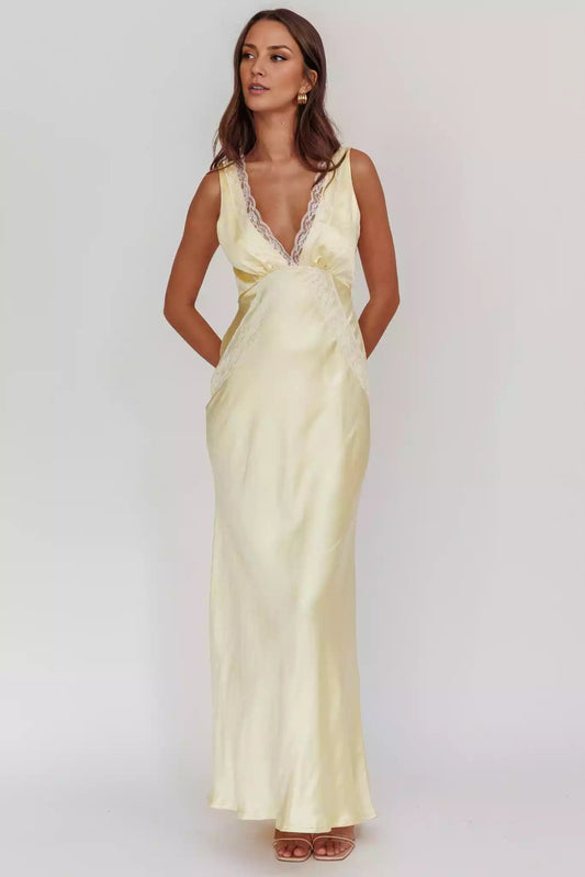 Beautiful lace edge satin super long suspender deep V-neck invisible side zipper Prom Dresses