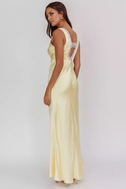 Beautiful lace edge satin super long suspender deep V-neck invisible side zipper Prom Dresses